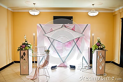 Beautiful wedding set decoration in the restaurant. Luxury photo zone Stock Photo