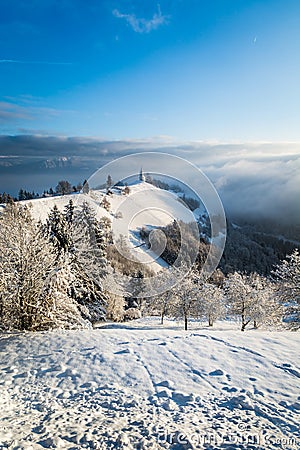 Beautiful and well known landmark Jamnik church on hilltop in wintertime Stock Photo