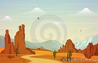 Beautiful Western Desert Landscape with Sky Rock Cliff Mountain Vector Illustration Vector Illustration