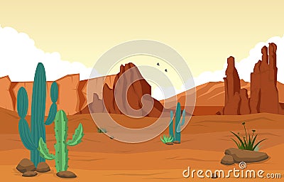 Beautiful Western Desert Landscape with Sky Rock Cliff Mountain Vector Illustration Vector Illustration