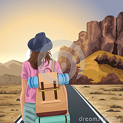 Beautiful Western landscape with traveler woman standing Vector Illustration