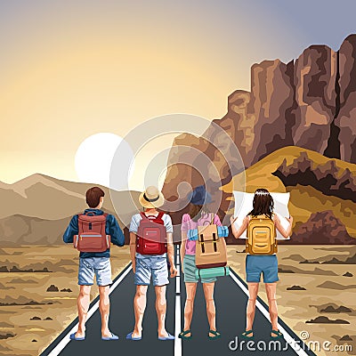Beautiful Western landscape with travelers standing Vector Illustration