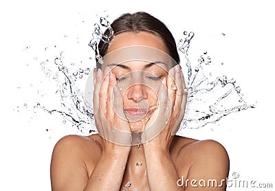 Beautiful wet woman face with water drop Stock Photo