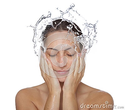 Beautiful wet woman face with water drop Stock Photo