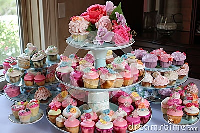 beautiful and whimsical cupcake display on round cake stand Stock Photo