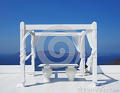 Beautiful wedding tent on Santorini island Stock Photo