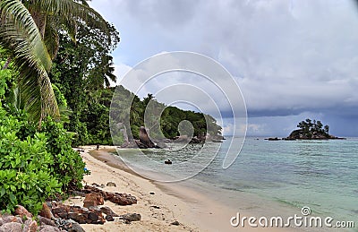 Beautiful white beaches on the paradise islands Seychelles fotographed on a sunny day Stock Photo