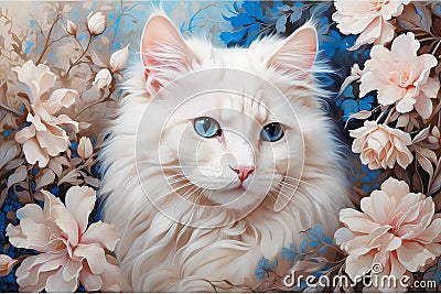 Beautiful white cat face with blue eyes in flowers background Cartoon Illustration