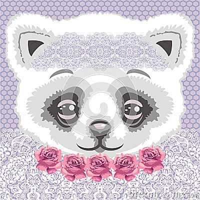 Beautiful white cat in a lace dressing hair with a flower necklace of pink roses. Vector Illustration