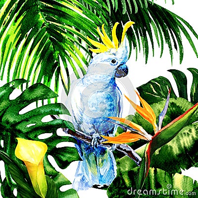 Beautiful white Cockatoo, colorful big parrot in jungle rainforest, exotic flowers and leaves, watercolor illustration Cartoon Illustration