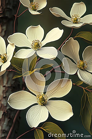 Beautiful white dogwood flowers on a dark background. 3d rendering Stock Photo