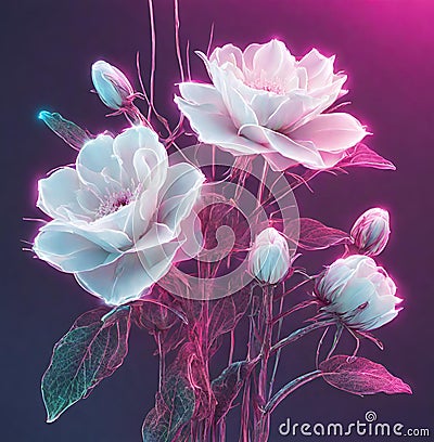 Beautiful white flower with neon electro rays Cartoon Illustration