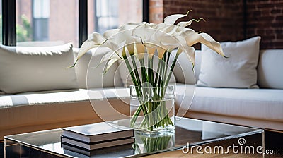 beautiful white flowers with glassy vase generated by AI tool Stock Photo