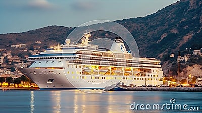 Beautiful white giant luxury cruise ship on stay at harbor, Generative AI Stock Photo