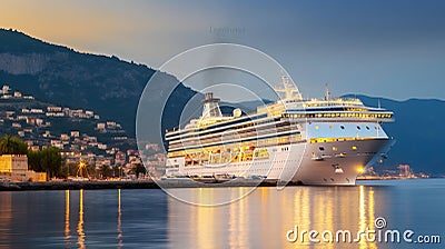 Beautiful white giant luxury cruise ship on stay at harbor, Generative AI Stock Photo