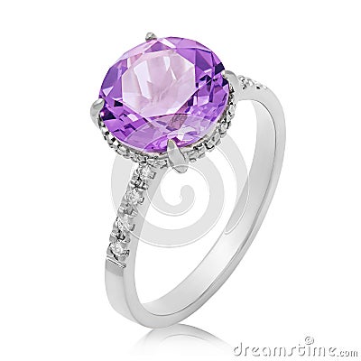 Beautiful white gold ring with large amethyst and small cubic zirconias, isolated Stock Photo