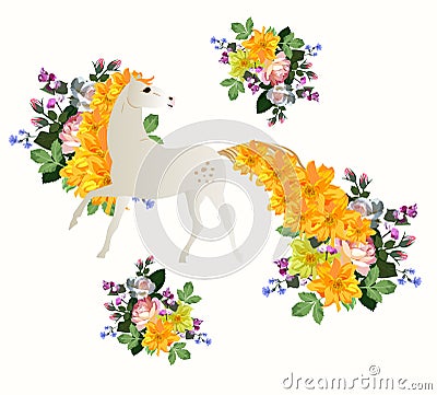 Beautiful white horse with mane and tail in shape of bouquets of garden flowers. Romantic print Vector Illustration