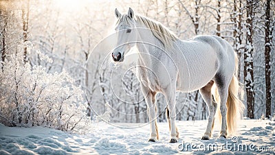 Beautiful white horse in a snowy park outdoors winter December animal mammal Stock Photo