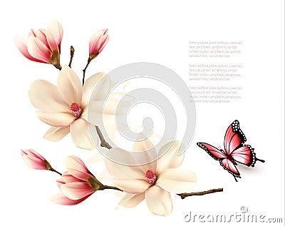 Beautiful white magnolia branch with a butterfly. Vector Illustration