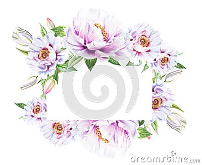 Beautiful white peony and white tulips frame. Bouquet of flowers. Floral print. Marker drawing. Cartoon Illustration