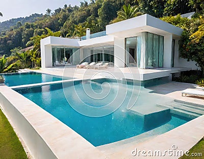 beautiful white residential villa with modern architecture and swimming pool Stock Photo