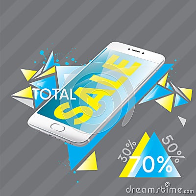 Beautiful white smartphone. Ready-made flyer design and sales flyers. Total discounts of 30%, 50%, 70%. Vector illustration for a Vector Illustration