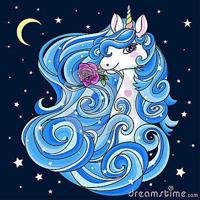Beautiful white unicorn with a blue, long mane. Mythical animal. Vector Vector Illustration