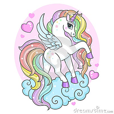 Beautiful white unicorn with a rainbow mane. Vector illustration Vector Illustration