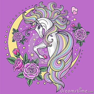 A beautiful, white unicorn with roses and a crescent moon. Cute girly style. Vector illustration Vector Illustration