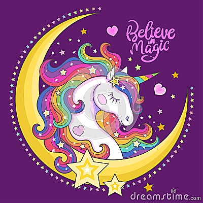 Beautiful, white unicorn with stars and the moon. picture for children. Vector Vector Illustration