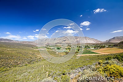 Beautiful wide angle view of Barrydale, located on the border of the Overberg and Klein Karoo regions. Stock Photo