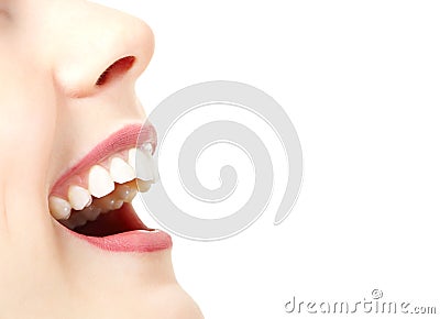 Beautiful wide smile of young fresh woman with great healthy whi Stock Photo