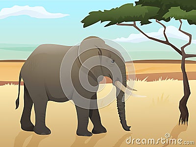 Beautiful wild african animal illustration. Big Elephant standing on the grass with savannah and tree background. Cartoon Illustration