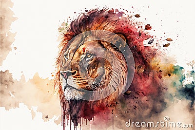 Beautiful wild lion in dramatic watercolor painting Cartoon Illustration