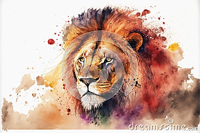 Beautiful wild lion in dramatic watercolor painting Cartoon Illustration