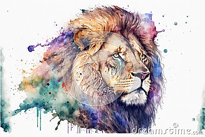 Beautiful wild lion in dramatic watercolor painting Cartoon Illustration