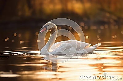 Single swan is swimming on the lake at sunset. Stock Photo