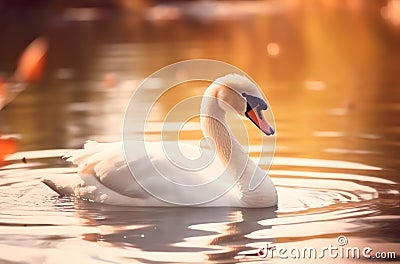 Single swan is swimming on the lake at sunset. Stock Photo