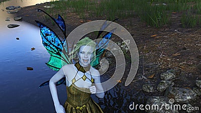 Beautiful winged fairy in a dress dancing next to a stream Cartoon Illustration