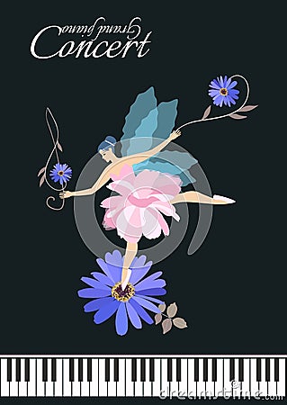 Beautiful winged fairy with treble clef - flower dancing on blue daisy isolated on black background. Musical invitation card Vector Illustration