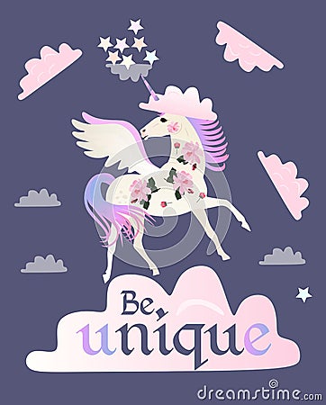 Beautiful winged unicorn on cloud and inscription be unique. Vertical card in vector Vector Illustration