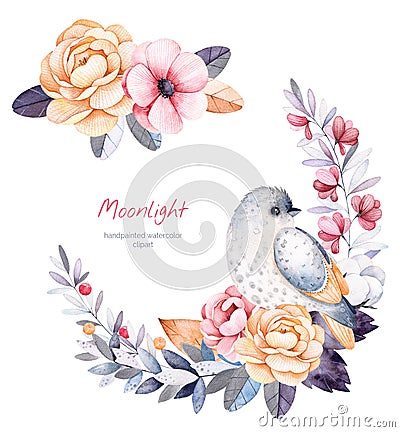 Beautiful winter collection with branches,cotton plants,flowers,little bird Stock Photo