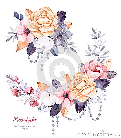 Beautiful winter collection with branches,cotton plants,flowers,strings of pearl Stock Photo