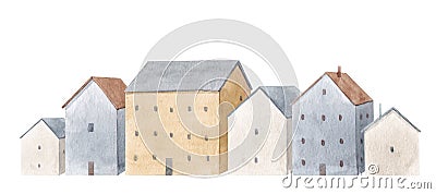 Beautiful winter composition with hand drawn watercolor cute houses. Stock illustration. Cartoon Illustration