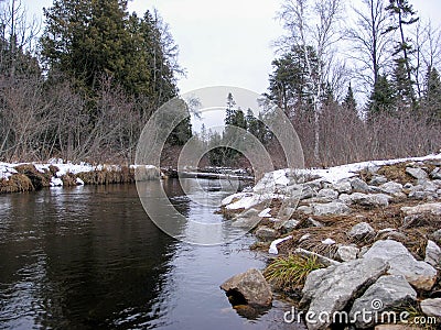 Beautiful winter landscape of the Au Sable river in Grayling Stock Photo