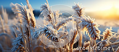 Beautiful winter landscape with frozen grass at sunset. Shallow depth of field Stock Photo