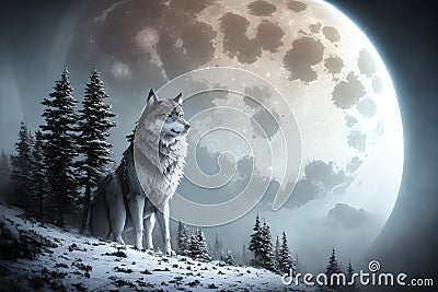 Beautiful winter landscape with giant wolf, warg Fenrir, AI generated Stock Photo