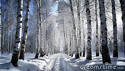 Footpath in a Forest with Snow and Birch Trees - Generative Ai Stock Photo