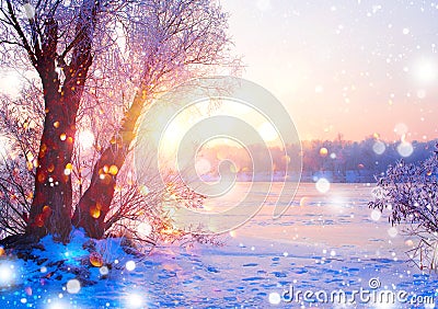 Beautiful winter landscape scene with ice river Stock Photo