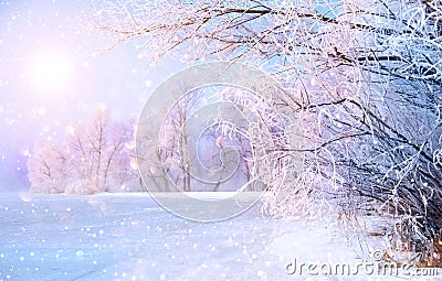 Beautiful winter landscape scene with ice river Stock Photo